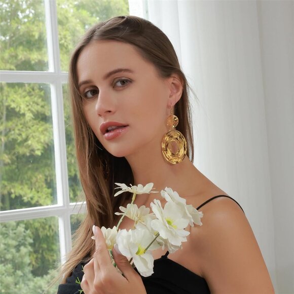 Big Gold Hollow Out Boho Geometric Hook Statement Gold Hoop Dangle Earrings - Picture 2 of 8